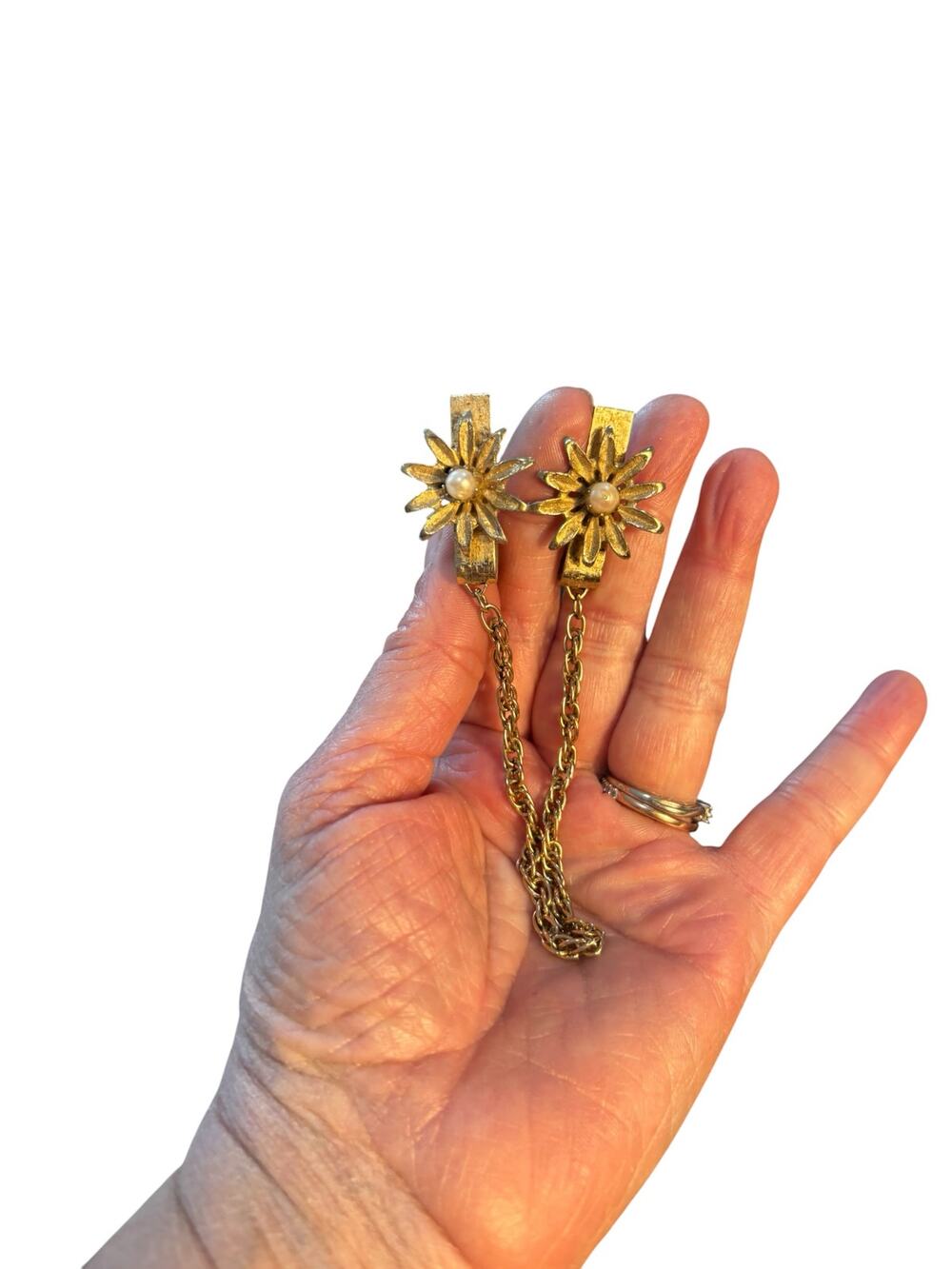 Vintage Gold Tone Sweater Guard Sunburst Faux Pearl Clip Chain 1950s Mid Century